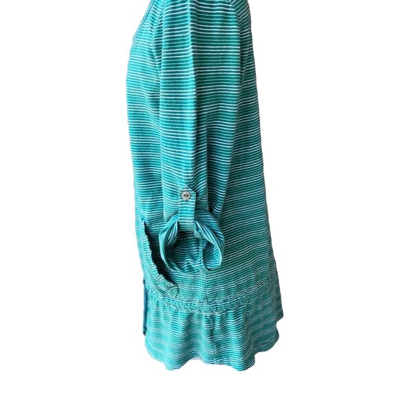 Royal Robbins Green Stripe Scoop-Neck Top Drawstring Waist Roll-Tab Sleeve Sz. M - Picture 6 of 6